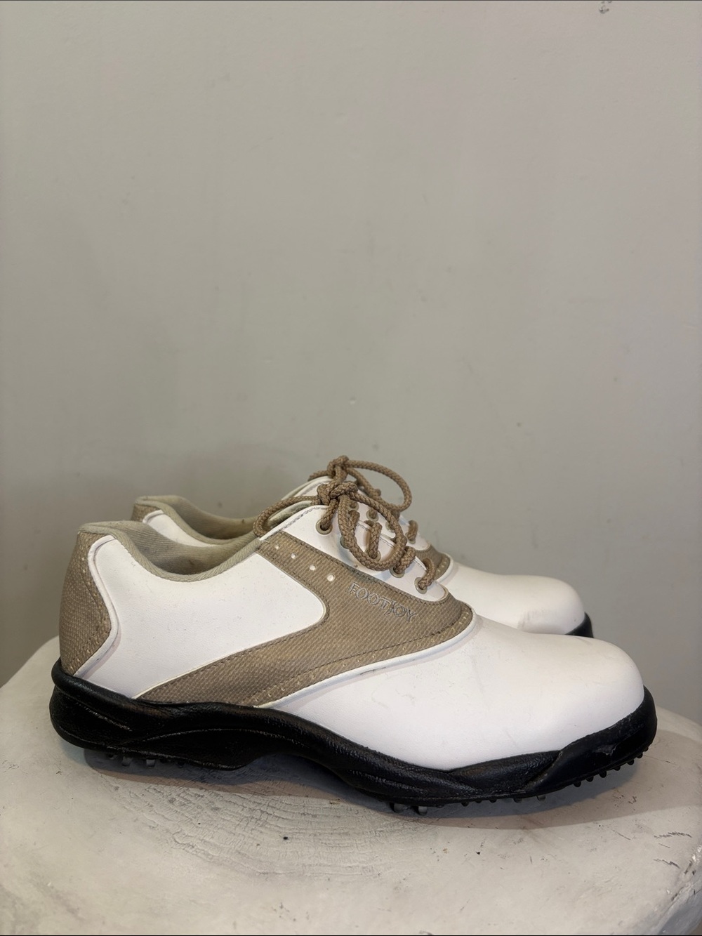 FootJoy GreenJoys Women's Golf Shoes Tan and White Two Tone Classic Spiked Sole